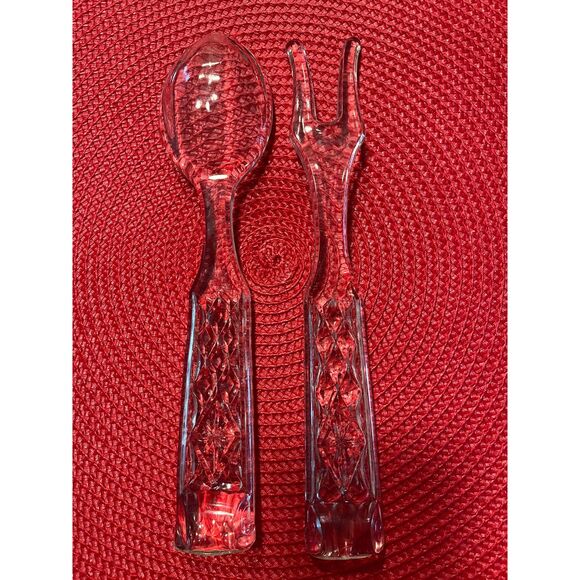 Vintage Anchor Hocking Wexford Pattern Glass Fork Spoon Salad Server Set - Picture 5 of 8